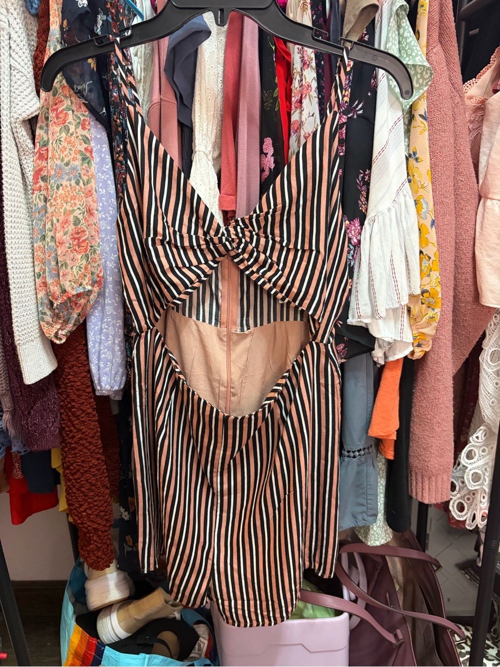 Kimchi Blue Striped Mini Dress in Black, Rust & Cream
